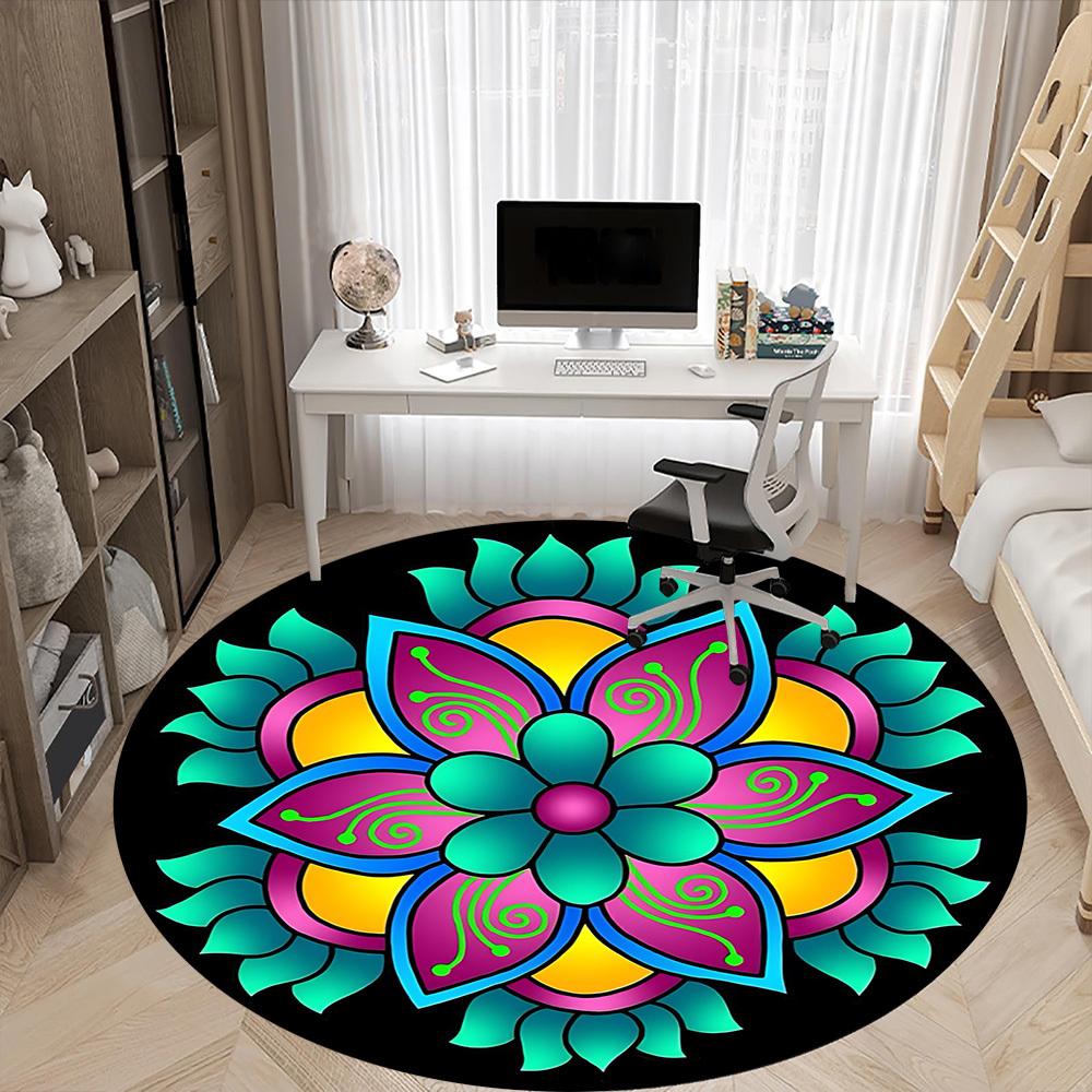 1pc Colorful Flower Mandala Chair Carpet for Office, Round Polyester Mat, Indoor Decor for Office, Easycare Fabric, Washable Non-slip Area Carpet
