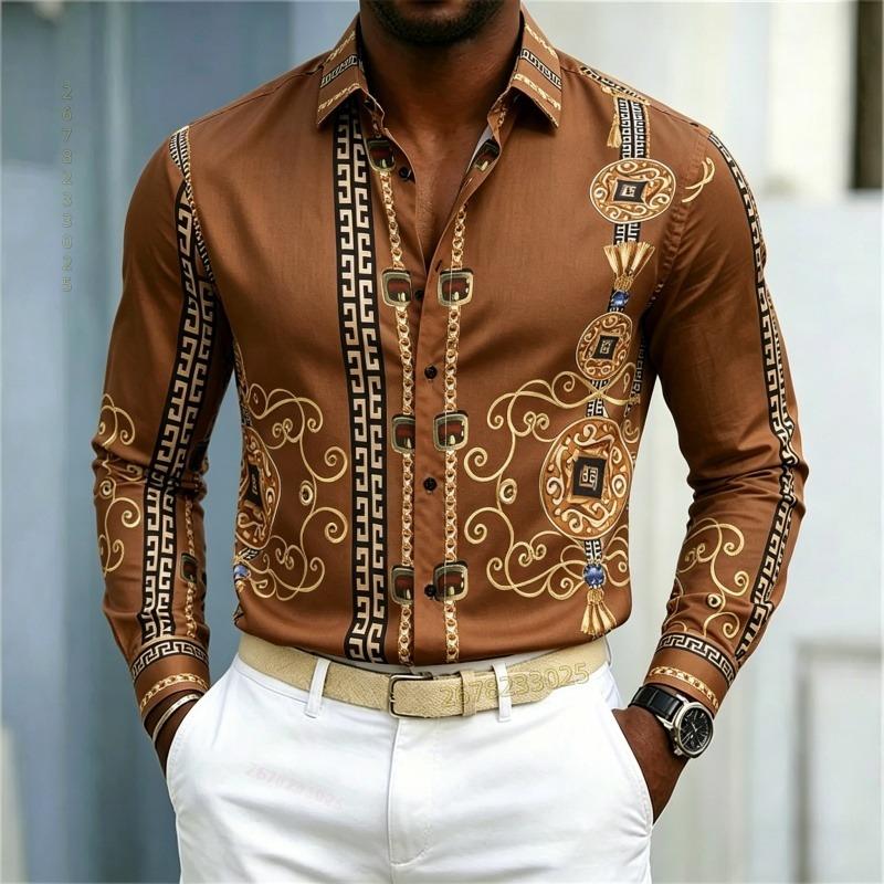 New Men's Shirt Palace Style Shirt Black Gold Pattern Printed Slimming Long Sleeve Shirt Trendy Fashion Casual Men's Wear