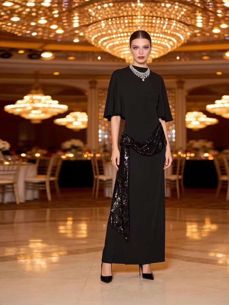 Europäischer & Amerikanischer Stil Damen Elegantes Rückenfreies Pailletten-Midikleid mit Gürtel
