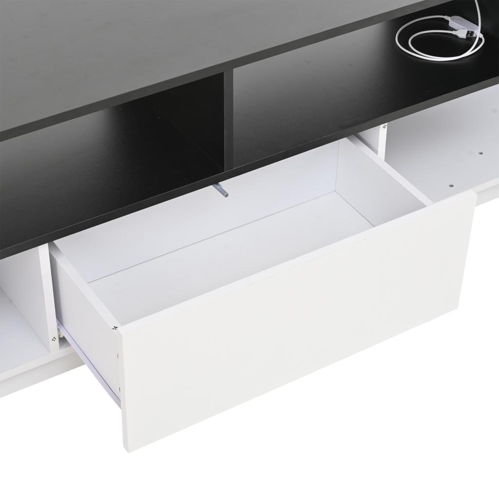 Freistehender TV-Schrank mit LED-Beleuchtung, L-Form und Schubladen, Hochglanz Weiß, Geeignet für 75-Zoll-Fernseher, Weiß+Schwarz, 180*40*48cm