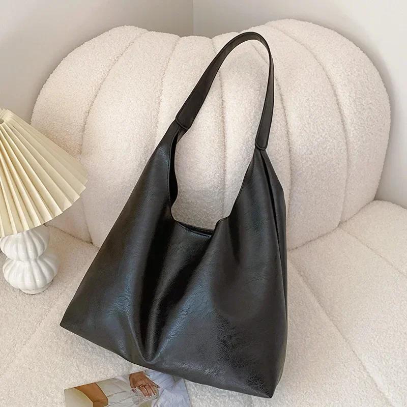 PU Soft Leather Tote Bag Lightweight Large Capacity Women Big Shoulder Bag Underarm Bag Hasp Closure Casual Style Commuting Bags
