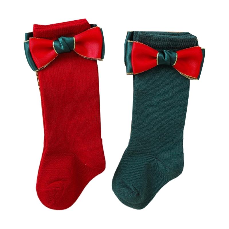 2 Paar Klassische Kniehohe Socken Weihnachten Thema Socken mit Schleifchen Dekoration für Baby Mädchen 2024 Neujahrsgeschenk