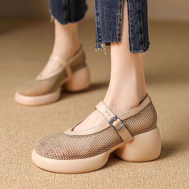 

модные женские сандалии baotou на толстой подошве с дышащей сеткой, одна линия пряжки, римские туфли, летние новые туфли Мэри Джейн 35 бежевый