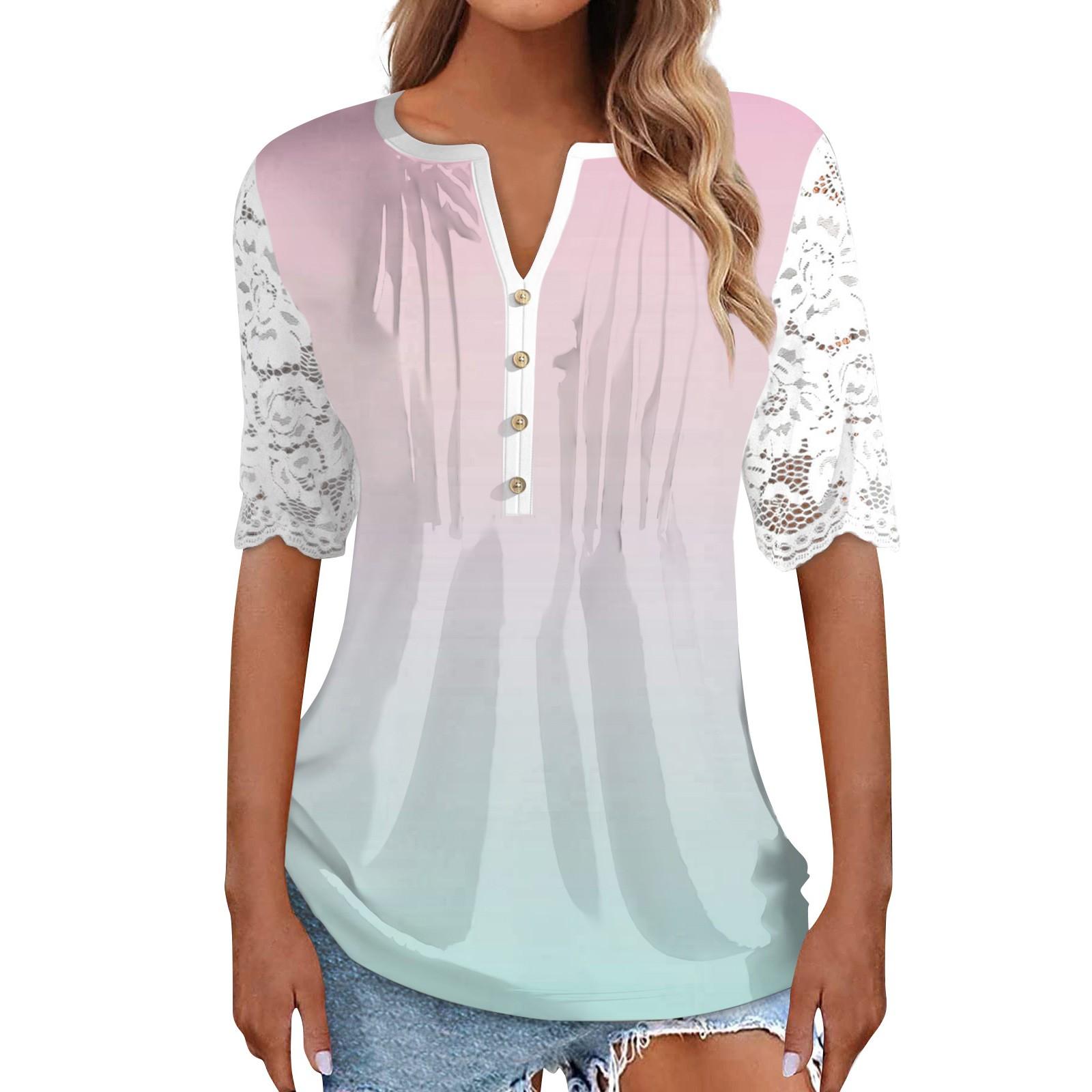 

(SU)Летняя женская кружевная футболка с короткими рукавами и рюшами, топ, повседневная модная туника с цветочным принтом, футболка с v-образным вырезом, удобная рубашка, рубашка на пуговицах, топ