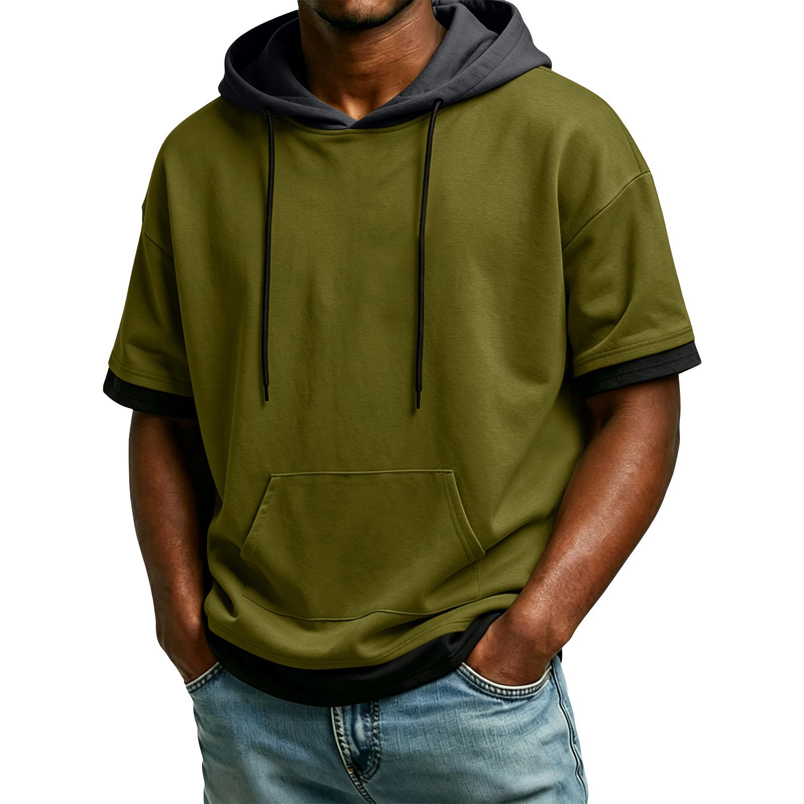 

Men s Summer Hooded Fake Two Piece Pocket Top Men s Casual Comfortable Short Sleeved Shirt L