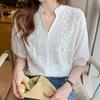 Women's White Shirt Summer Fashionable Stand Up Collar Embroidered Hollow Five Sleeve Versatile Top