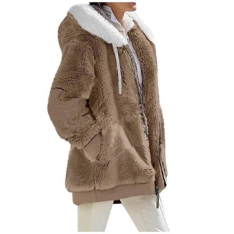 Giacca Casual da Donna in Pile con Cappuccio Cappotto Monocolore Caldo Cappotti in Cashmere Giacca con Zip Moda Abbigliamento Donna Autunno Inverno