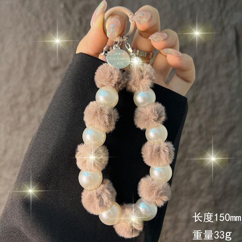 Autunno Inverno Peluche Cordoncino per Telefono Moda Perla Pompon Perline Catena Pendente per Telefono Corto da Polso Catena Portatile