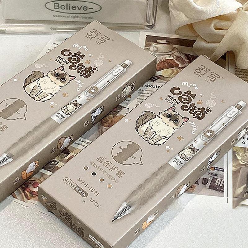 4Pcs Cute Cat Gel Pens Kawaii Meow Style Retractable Pens With Comfort Grip Black Ink Writing Pens For Students & Stationery