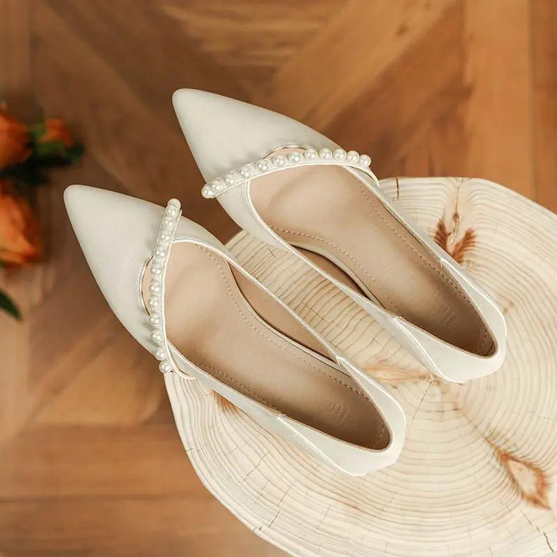 Wedding Bride Shoe Shoes for Women Pointed Toe Pearl Square Heels with Medium Woman Footwear Shallow Beige Lastest Slip On A L E