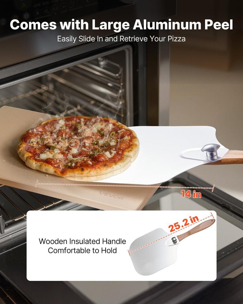 Pizza Stone, 508 x 355 mm Rectangular Cordierite Pizza Stone, Extra Large Baking-Stone with Aluminum Peel, 15 mm Thick Heat-Resistant Cordierite, for