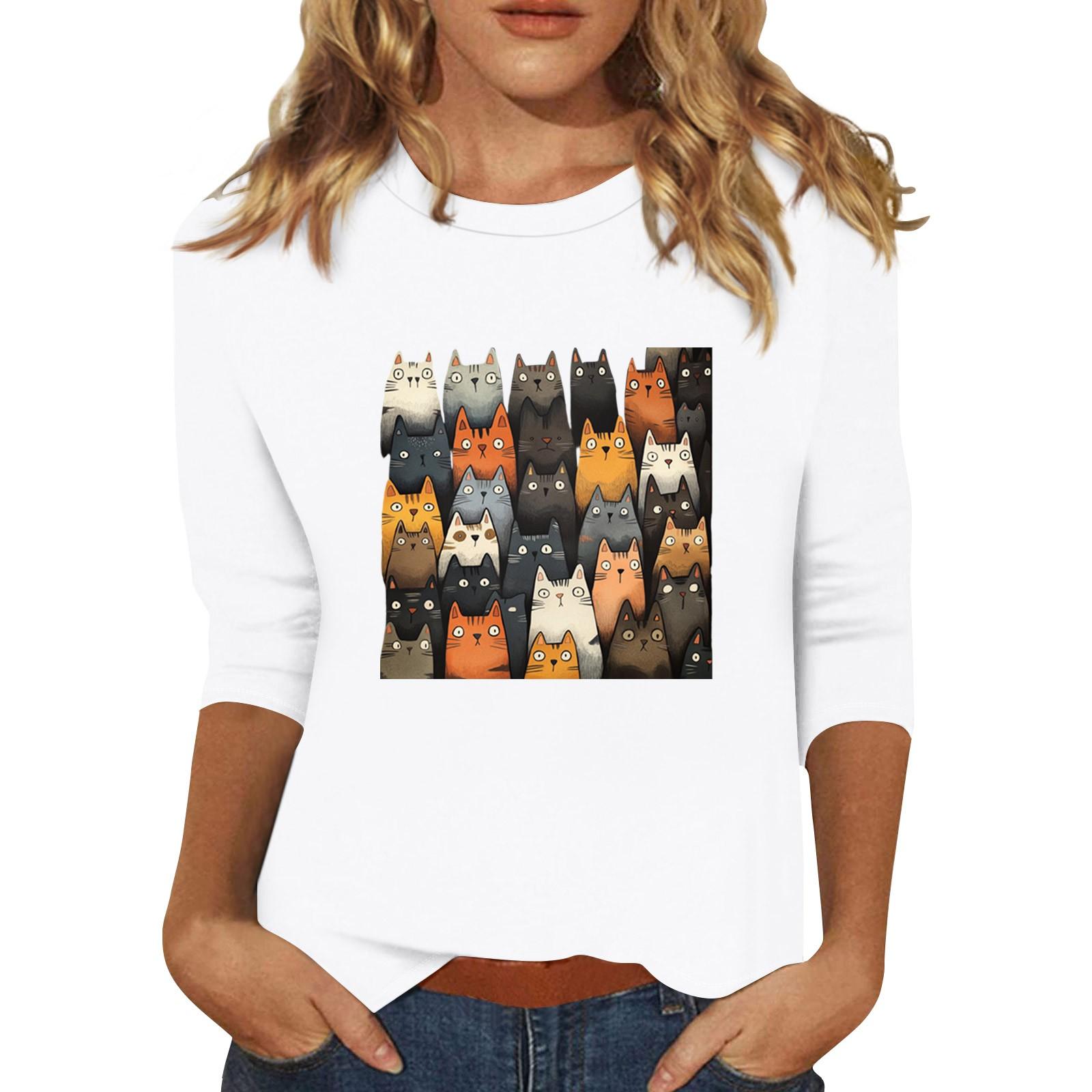 

Women s Fashion Casual Three-quarter Sleeve Print Round Neck Pullover Top XXL білий
