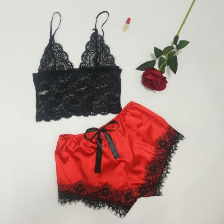 2PcsSet Women'S Pajamas Underwear Sexy Silk Satin Lingerie Women'S Sexy Lace Halter Top Shorts Pajamas Set