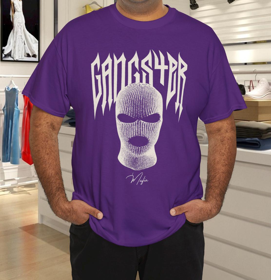 GANGSTER Purple Streetwear T-Shirt Mens Womens Tees Top with Bold Mask Graphic and Mafia Signature M