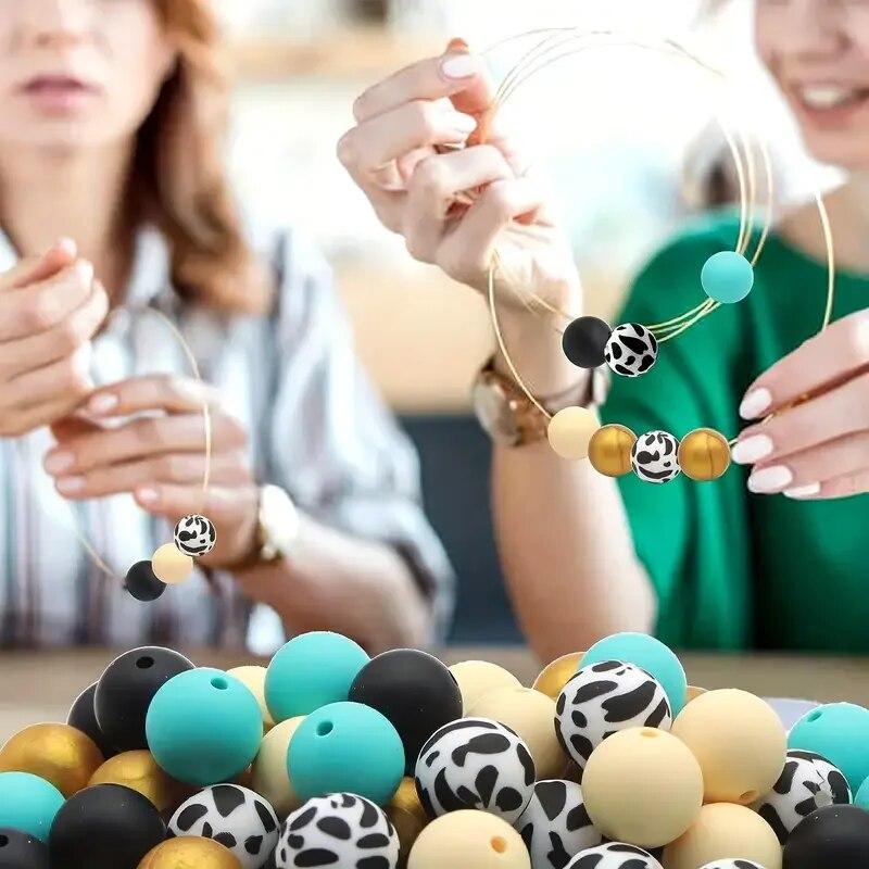 45 Stück 15mm Leopardenmuster Silikonperlen Runde Lose Perlen Für Schmuckherstellung DIY Anti-Drop Schlüsselanhänger Kette Armband Handgemacht