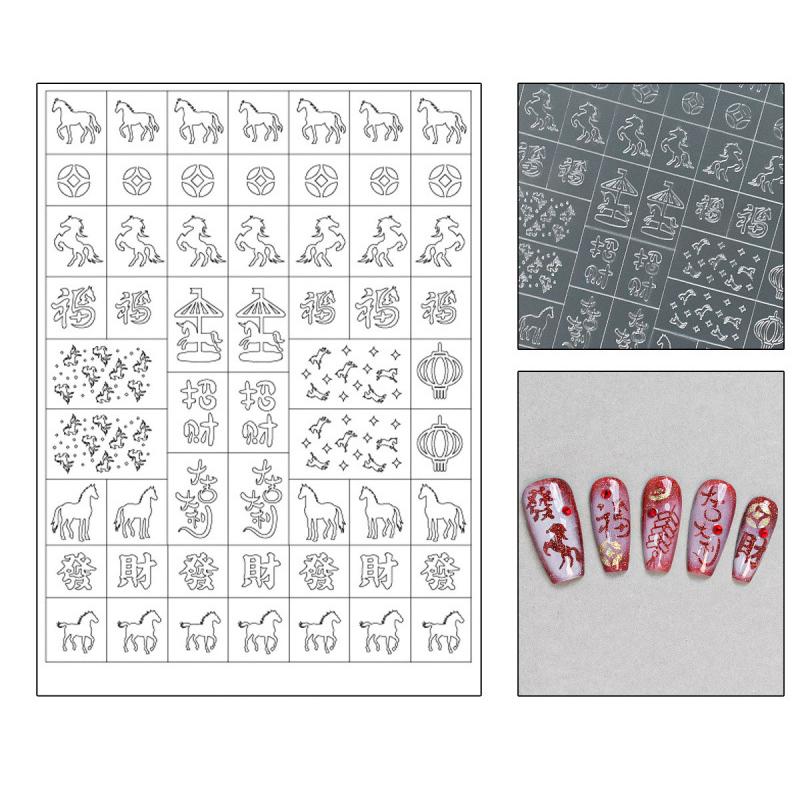 Fully Transparent Hollow New Year Of The Horse Nail Stickers Spray Painting Stencil Templates Patting Adhesive Auxiliary Tool