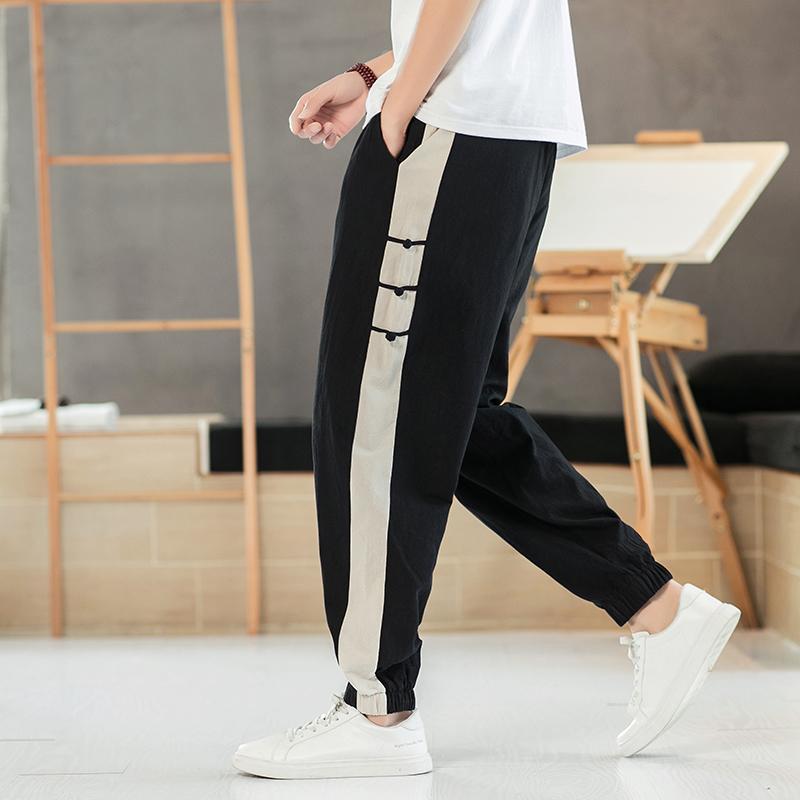 Summer Loose Breathable Chinese Style Cotton Linen Casual Haren Pants Men's Patchwork Pockets Straight Vintage Sports Trousers