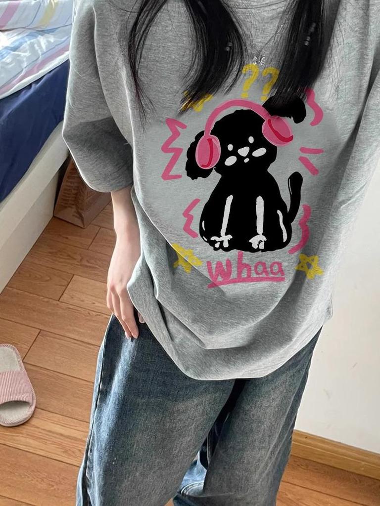 Women's Gray Cartoon Hong Kong Style Loose Fit Short Sleeve T-Shirt - Summer 2025 Collection