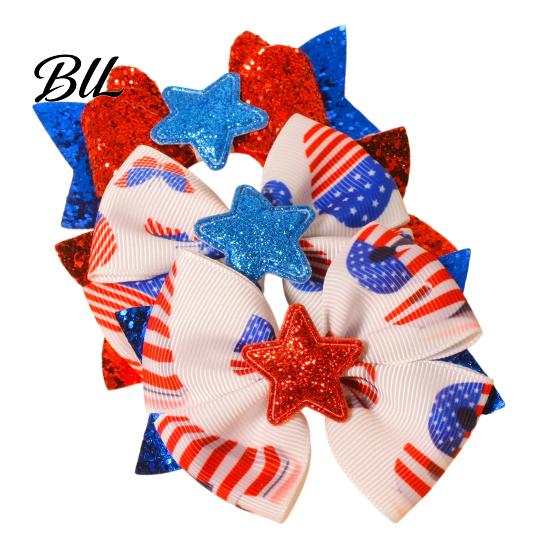 Glitter Bow Barrettes Independence Day Hair Clip for Girls, Red Blue White Hairpin, Double Layer Fashion Bows with Sequins Star, Accessory Festival