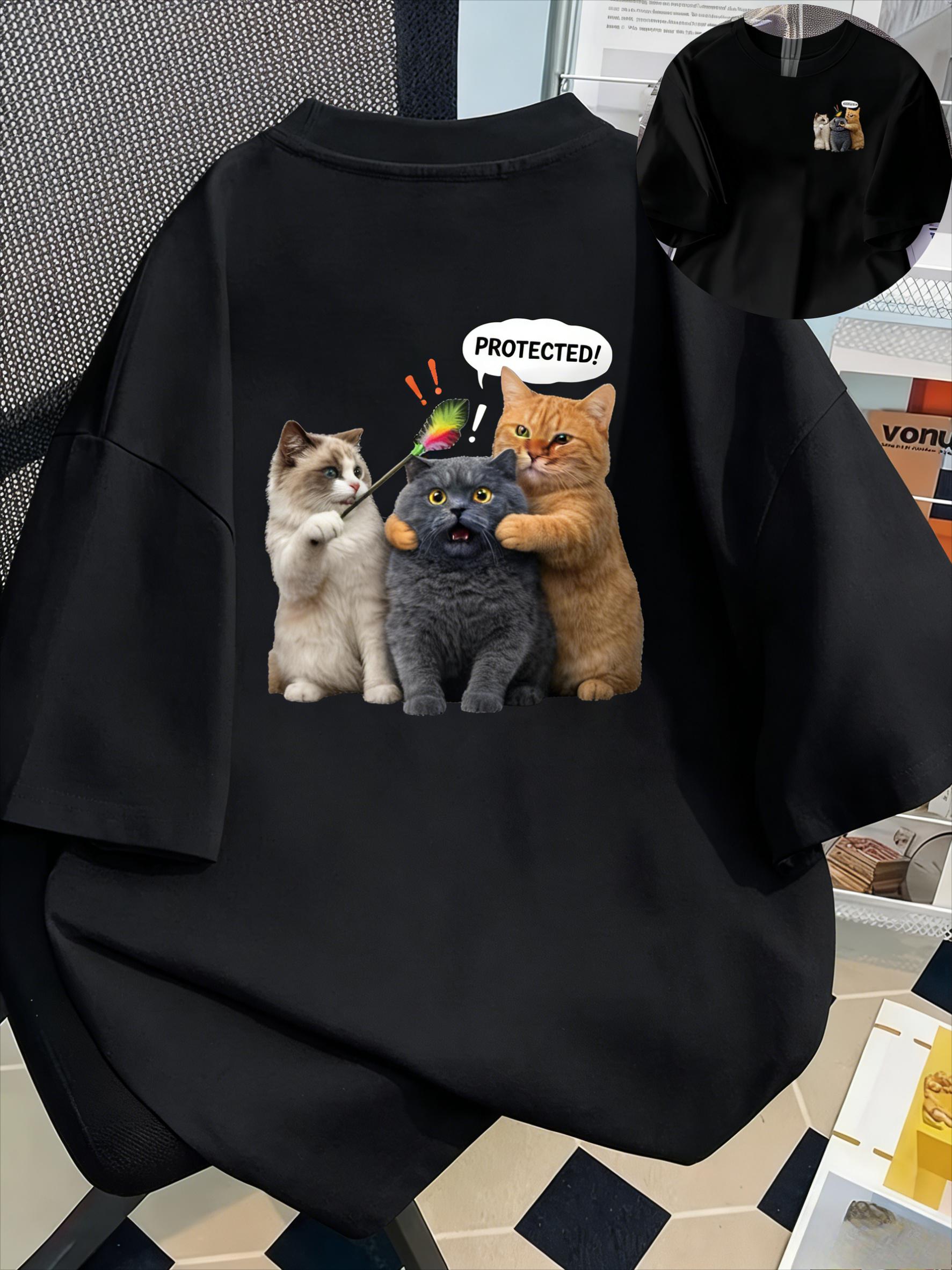 

Funny Cat Protection Graphic TShirt Casual Crew Neck Short Sleeve Top for Women Front Back Print Three Cats PROTECTED Print 4XL