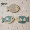 Coastal Wall Art for Living Room 4Pcs Wooden Hanging Fish Art, Bathroom Plaque with Nautical Marine Life Ornaments Theme Bedroom, Rustic Beach
