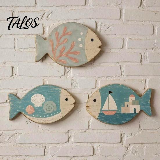 Coastal Wall Art for Living Room 4Pcs Wooden Hanging Fish Art, Bathroom Plaque with Nautical Marine Life Ornaments Theme Bedroom, Rustic Beach