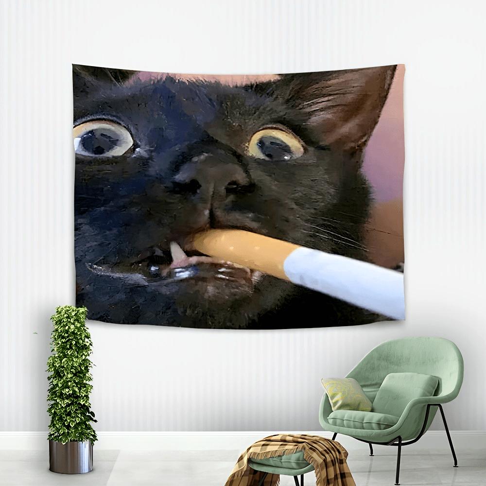 Funny Smoking Black Cat Meme Tapestry Wall Hanging Home Decor for Bedroom Living Room Dorm Fun Cat Smoking Emojis