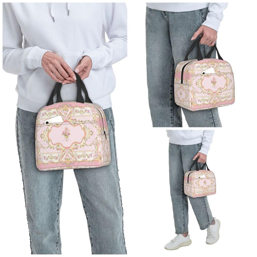 French Rococo Pink Floral Watercolor Panel Insulated Lunch Bag for Kids School Cooler Thermal Food Box Tote Lunch Boxes