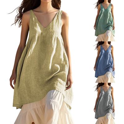 Women's Casual Loose Fashion Sleeveless Cotton Linen Color V-Neck Beach Dresses