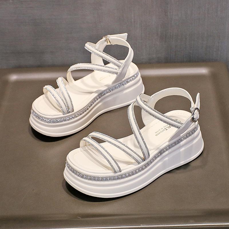 Fashion Waterproof Platform Sandals Summer New Round Head Thick Sole Crystal Thin with Soft Sole Non-slip Mid-heel Shoes