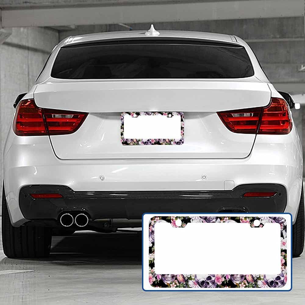 Decorative License Plate Frame Sugar Skull and Flower Car Tag Frame Aluminum Auto License Plate Holder for Men Women
