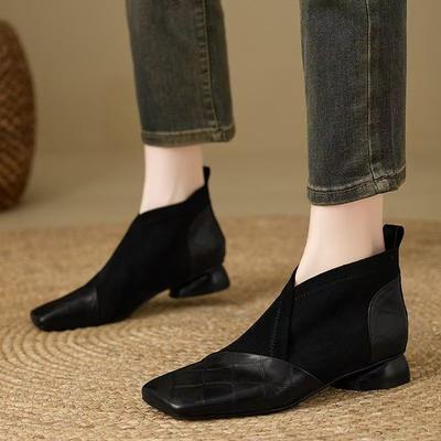 2026 New Style Autumn-winter Ankle Boots Square Toe , Slip-on Design, Anti-slip and Durable, Low Heel Shoes