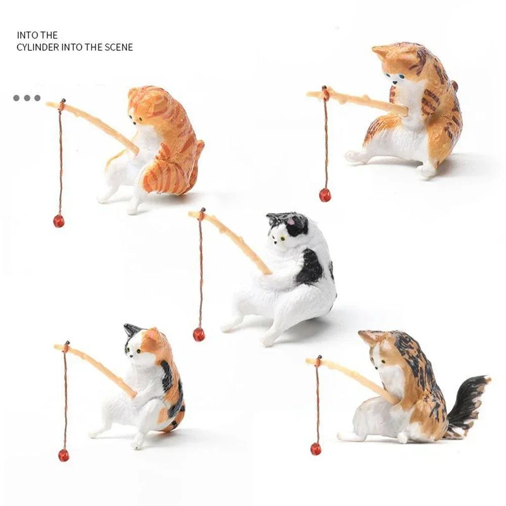 1/5/10PCS Ornament Decorative Furnishings for Aquarium Cats Fishing Figurine Cat Sculpture Sitting Fishing Little Cute Cat Resin