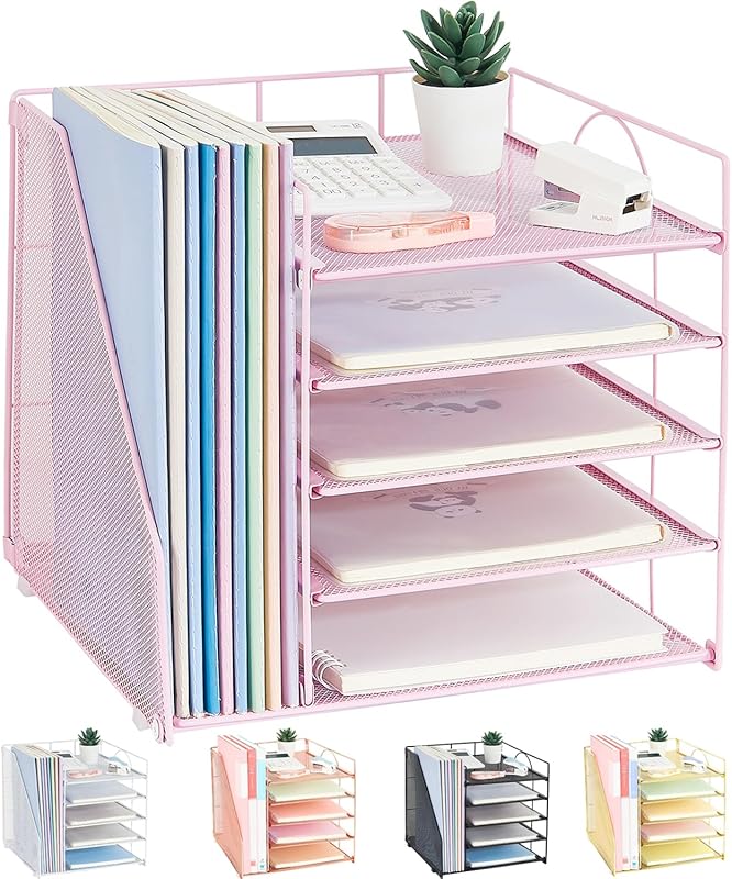 5-Tier Paper Letter Tray Organizer with File Holder - Office Supplies Desktop Organizer
