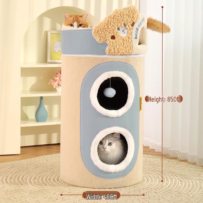 Compact Cat Tree & Bed with Enclosed Two-Layer Design, Scratching Board, Sisal Barrel - All-Season