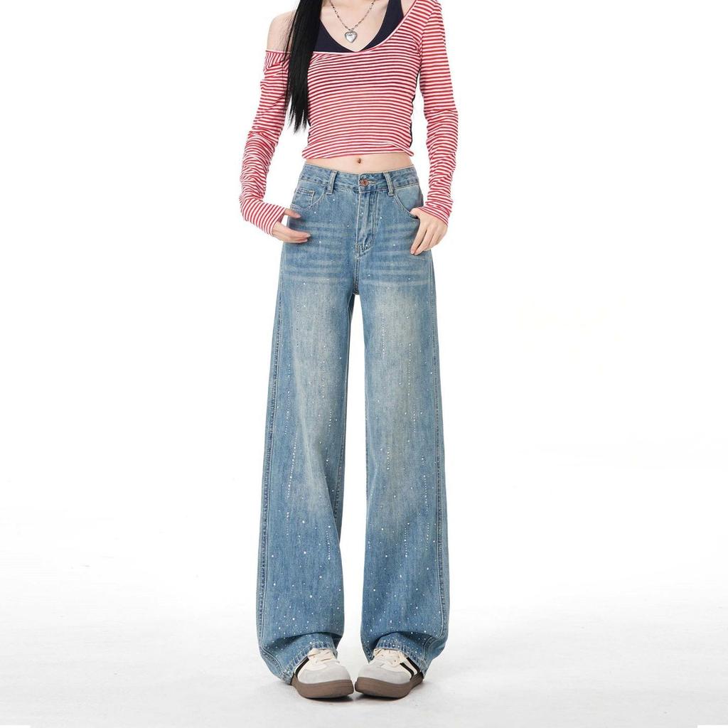 Early Spring Light Blue Narrow Full Rhinestone High Waist Non Stretch Slim Trendy Denim Pants Women Casual Pants Oversize Denim Trousers