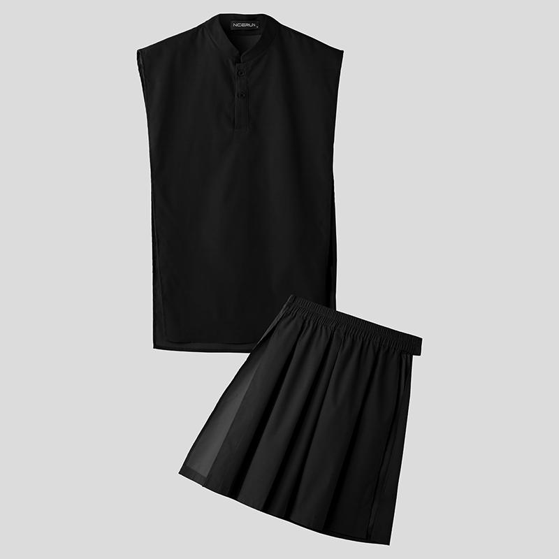 

INCERUN Мужские костюмы-двойки Стойка воротник Топы без рукавов Разрезы Плиссированные юбки Наряд Повседневные комплекты L