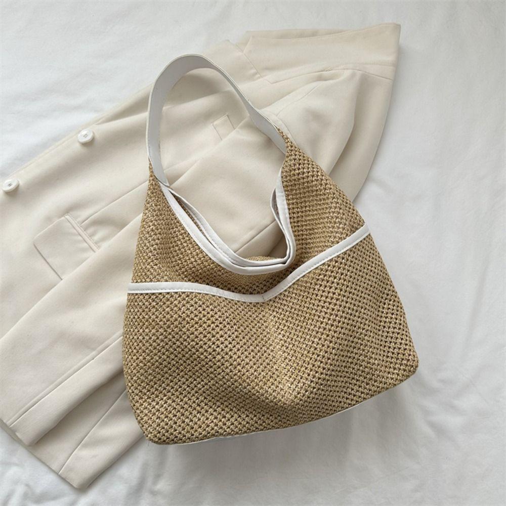 

Large Capacity Woven Handbag Khaki Underarm Tote Bag Summer Straw Shoulder Bag Female білий