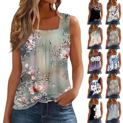 Camiseta sin mangas plisada de cuello cuadrado para mujer con estampado de plantas