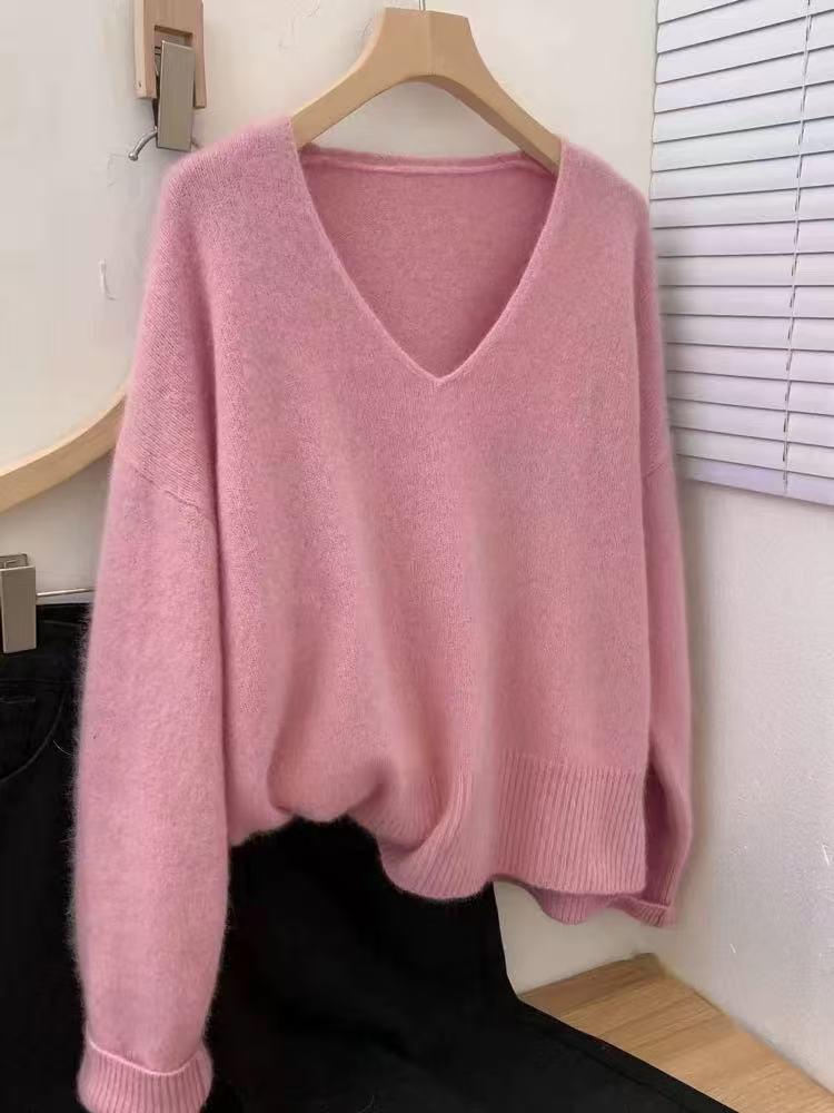 Luxurious V-neck Korean Style Loose Wool Sweater - 100% Pure Soft Knit for Autumn/Winter