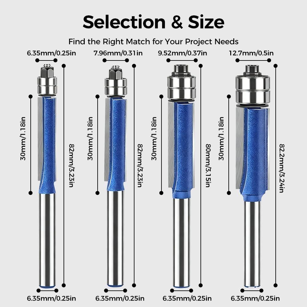 Double Bearing Flush Trim Router Bit Set, 2026 Upgrade Dual Bearing Trimming Tool Set 1/4-Inch New Deburring and Polishing Tool Size Universal (4PCS)