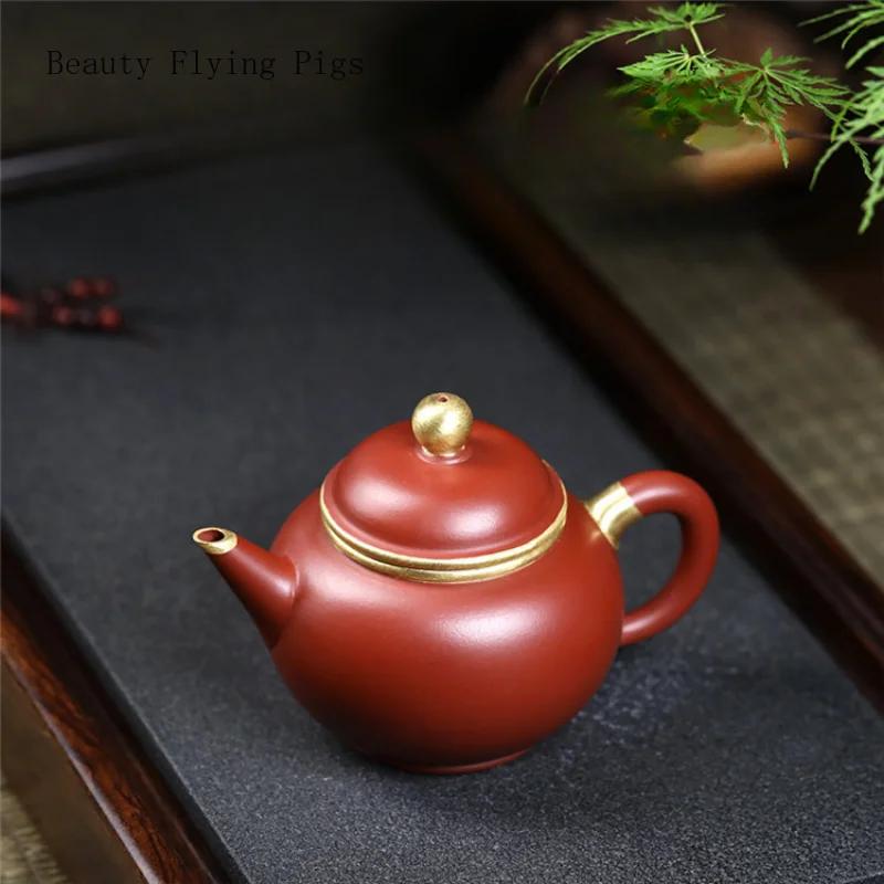 Chinese Handmade Gold Painted Purple Pottery Raw Ore Tea Pot, Household Dahongpao Tea Ceremony Tea Set Kung Fu