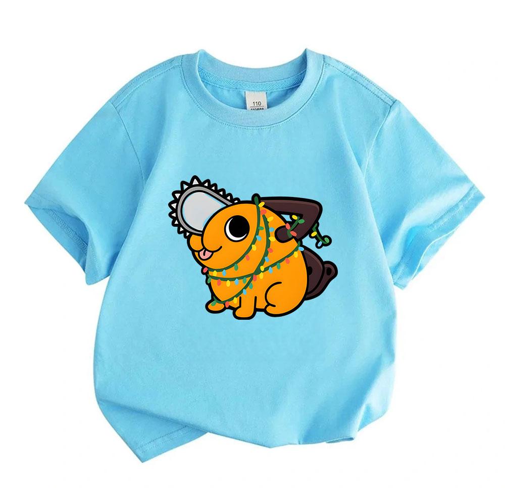 Kids Boys Girls 100% Cotton Crew Neck Short Sleeve T-Shirt, Cute Cartoon Orange Chainsaw Dog Wrapped in Christmas Lights Pattern Casual Soft Summer Te