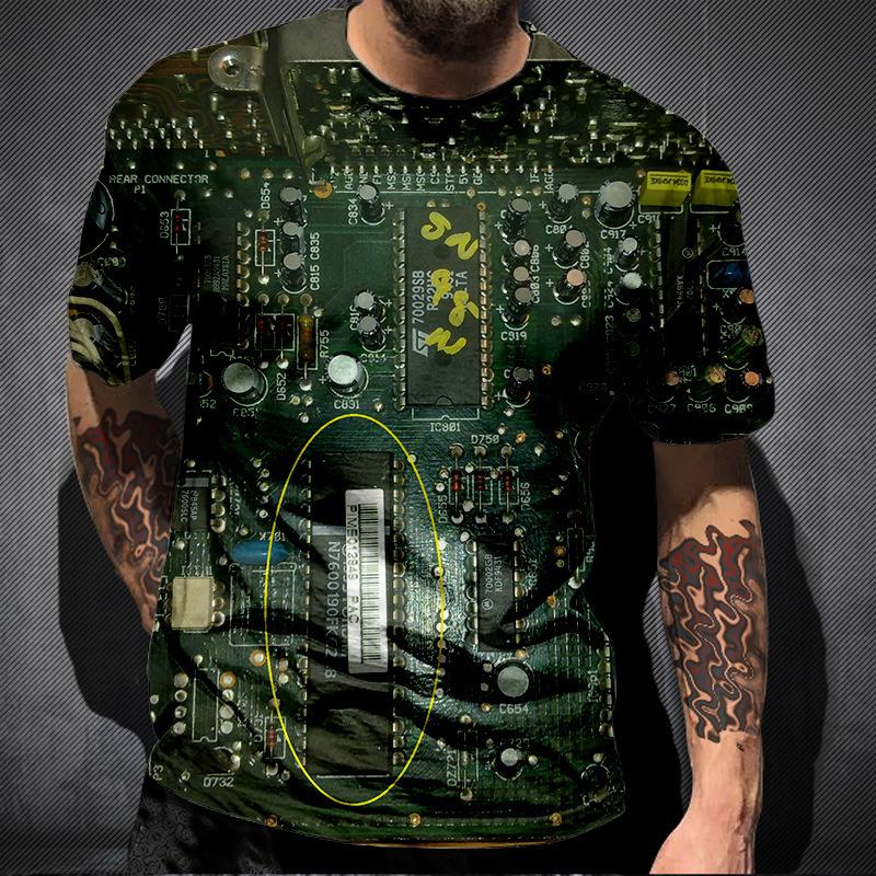 Summer Round Neck Circuit Board Pattern 3D Print Top Fashionable Casual Short Sleeved Men's T-shirts