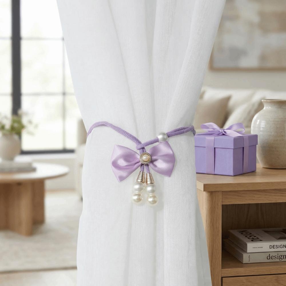 2 PCS Sweet Adjustable Bowknot Curtain Straps Pearl Beautifully Bow Curtain Buckle Elegant Curtains Tie Rope Bedroom