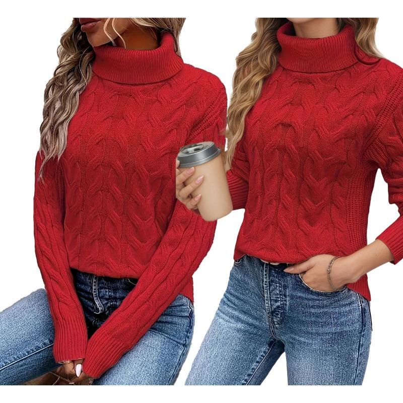 Women S Solid Twist Knit High Neck Long Sleeve Sweater