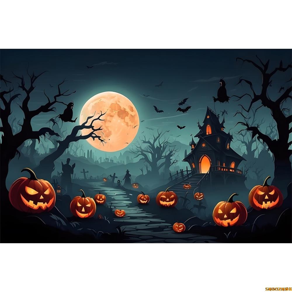 1pc Dark Halloween Party Backdrop Moon Gothic Castle Pumpkin Ghost Durable Dustproof Banner for Halloween Theme Party Decoration