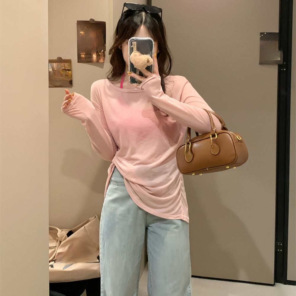 2025 spring Summer V-neck Sunscreen Thin Lazy Loose Long Sleeve T-shirts casual loose solid perspective Front and Back Double Top for Women t shirt