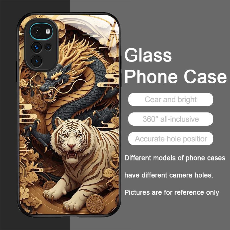 Shiny Golden Dragon and Tiger Pattern Tempered Glass Phone Case for Motorola Moto G85 G84 G75 Edge 50 Fusion 40 Neo 30 Pro Cover