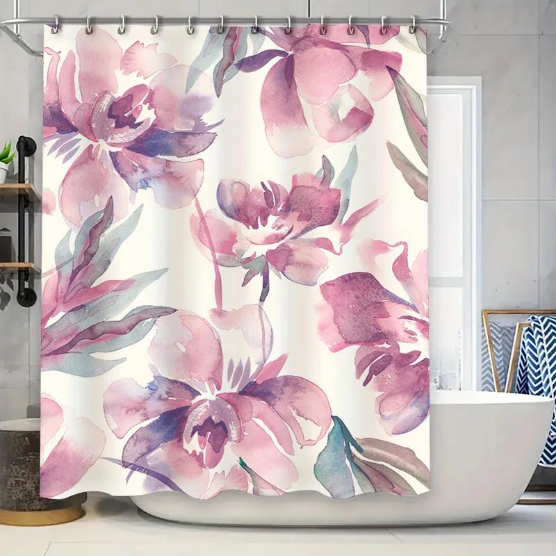 Floral Bath Curtain Set with Watercolor Design Pink Orchid Shower Curtains for Bathroom Decor Modern Home Decorative Shower Pane